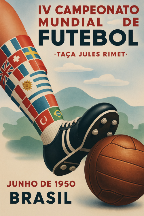 Póster vintage del IV Campeonato Mundial de Futebol (Brasil, junio de 1950), con medias formadas por banderas y un balón de cuero.