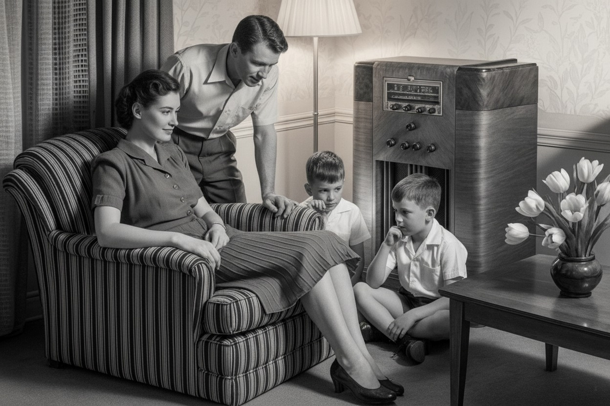 1950s radio announcer speaking into an RCA 77-C ribbon microphone