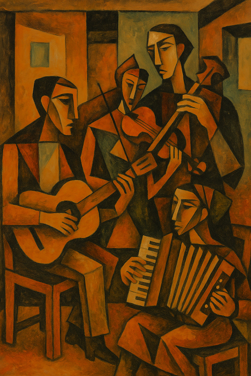 Cubist oil painting (c. 1949–50) of four musicians playing guitar, violin and accordion