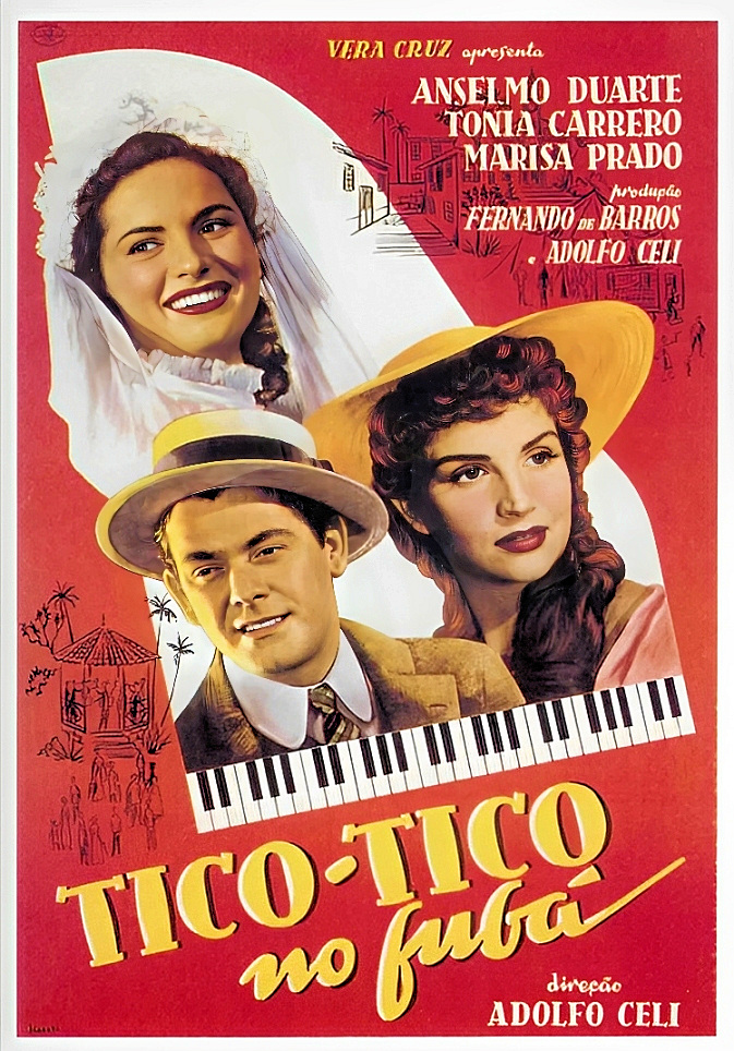 Poster for the 1952 Brazilian musical film Tico-Tico no Fubá, featuring the lead actors and a piano keyboard
