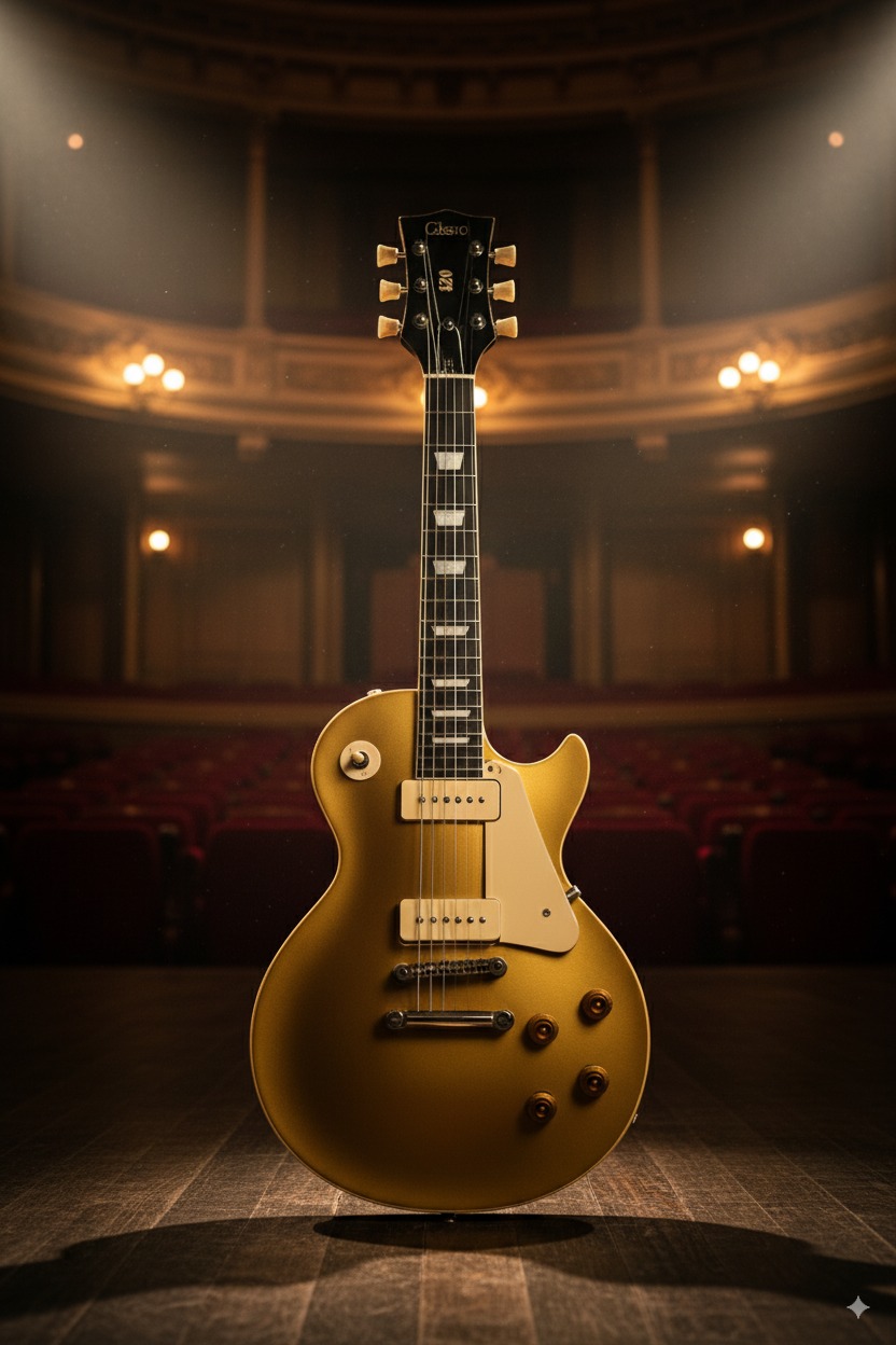 Golden Gibson Les Paul electric guitar on a dark background, highlighting its curves and vintage details