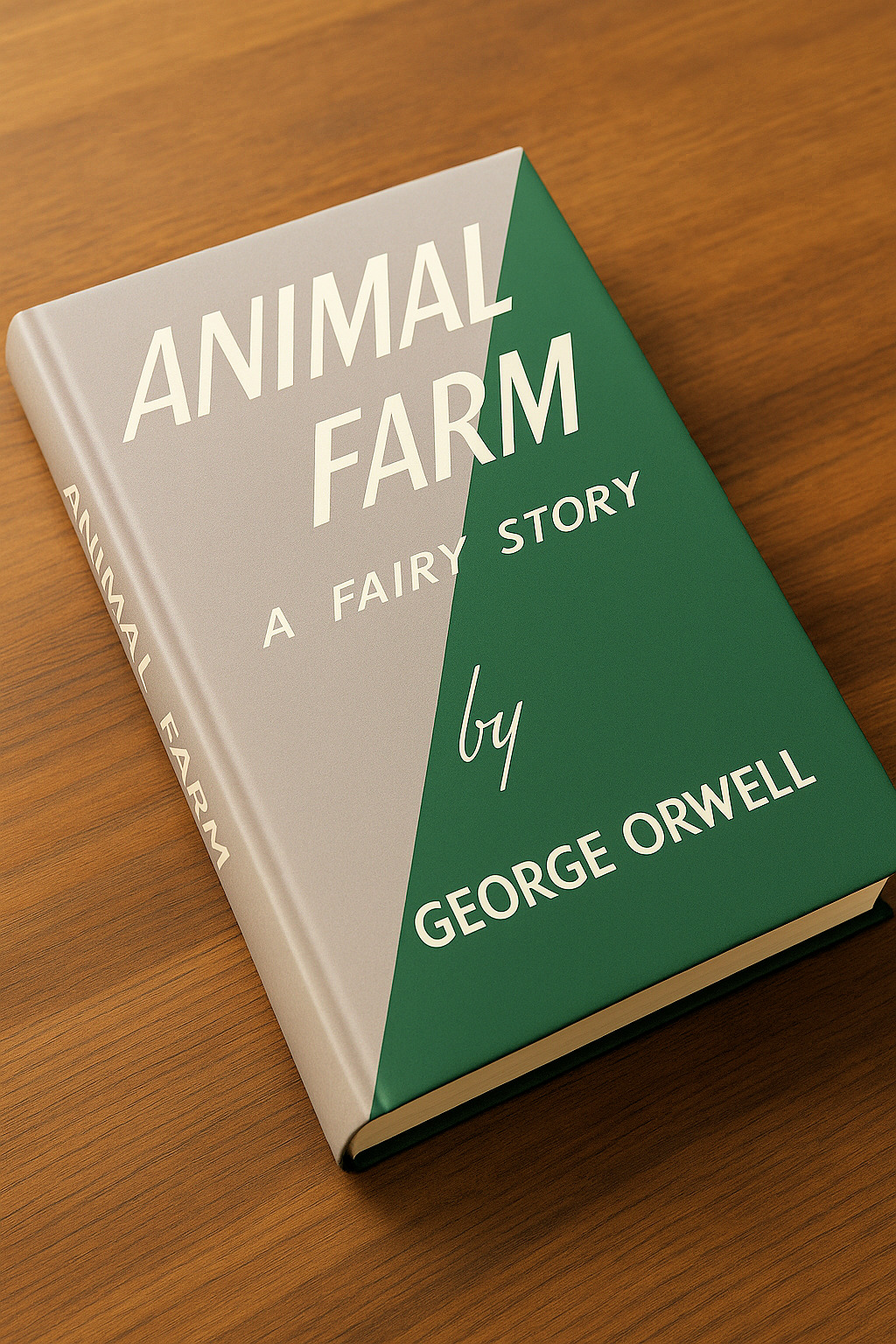 Cover of the first edition of Animal Farm (1945) by George Orwell. The design is split diagonally: the upper half grey with the title 'Animal Farm', the lower half green with 'A Fairy Story' and the author’s name.