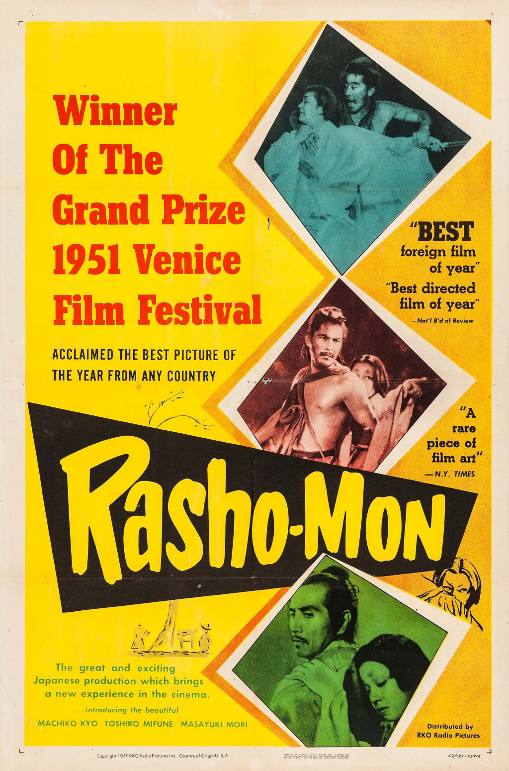 U.S. release poster for Rashomon (1951), directed by Akira Kurosawa and starring Toshiro Mifune, Machiko Kyō and Masayuki Mori.