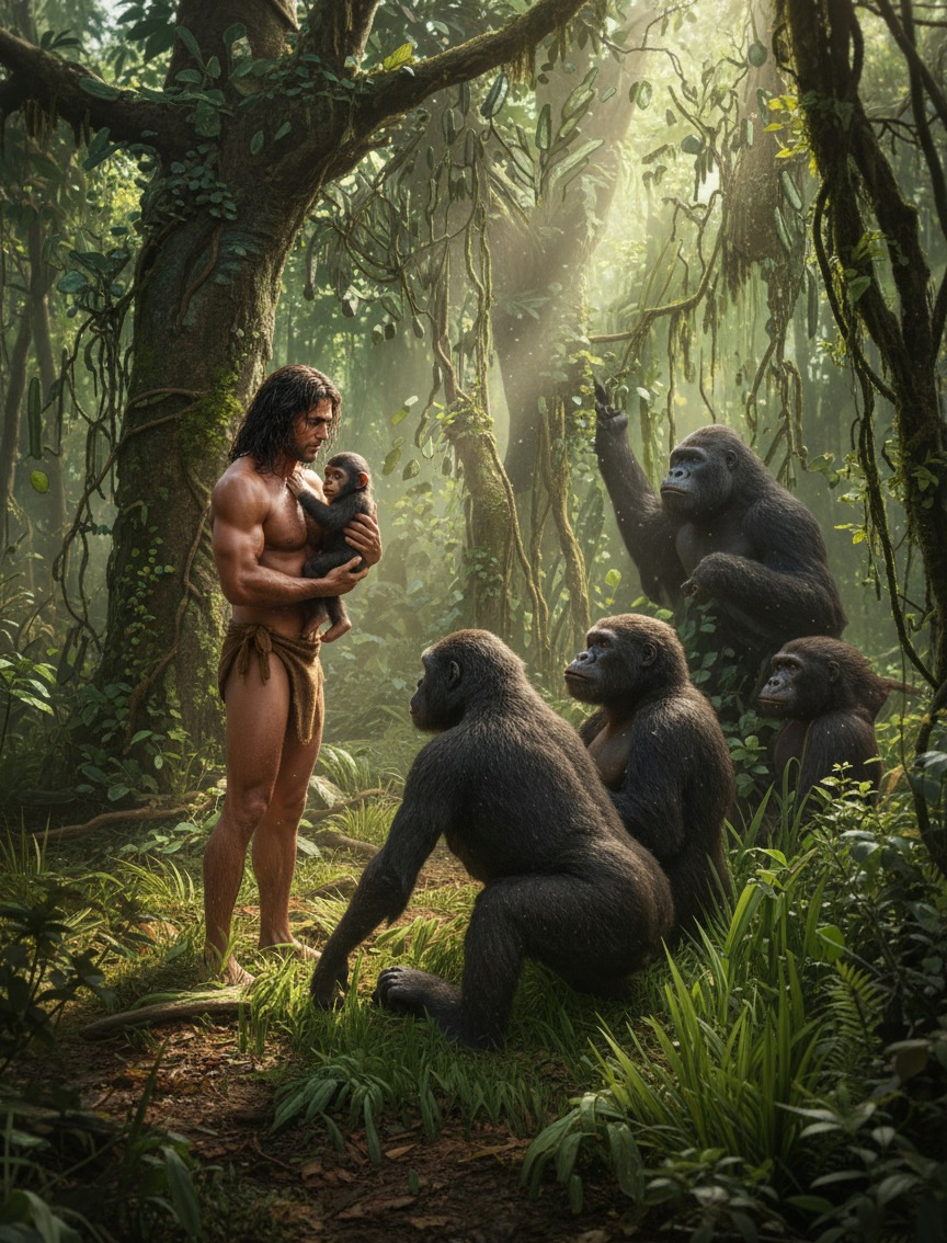 Tarzan and the apes, colour recreation inspired by the original 1919 illustration