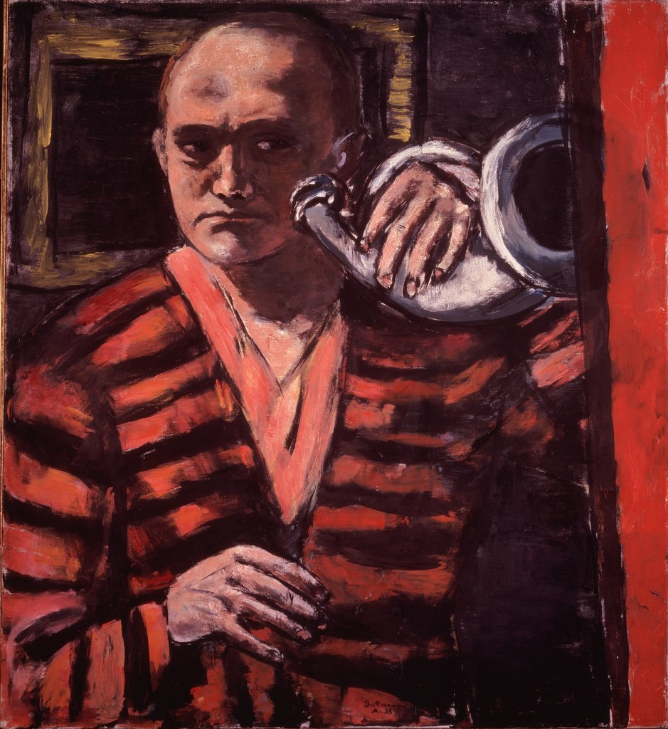 Max Beckmann, Self-Portrait with Horn (1938), oil on canvas: the artist in a red-and-black striped robe, facing the viewer and holding a horn to his ear