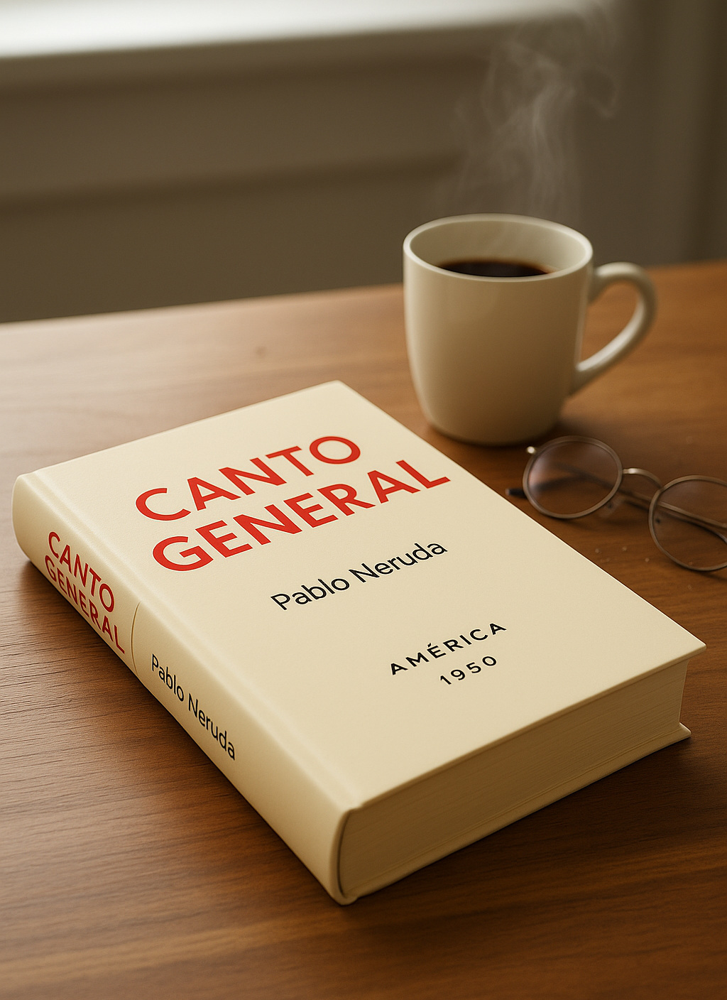 Title page of the first edition of Canto general (Editorial América, Mexico, 1950): cream background, red CANTO GENERAL title, Pablo Neruda in black, and AMÉRICA 1950 at the foot.