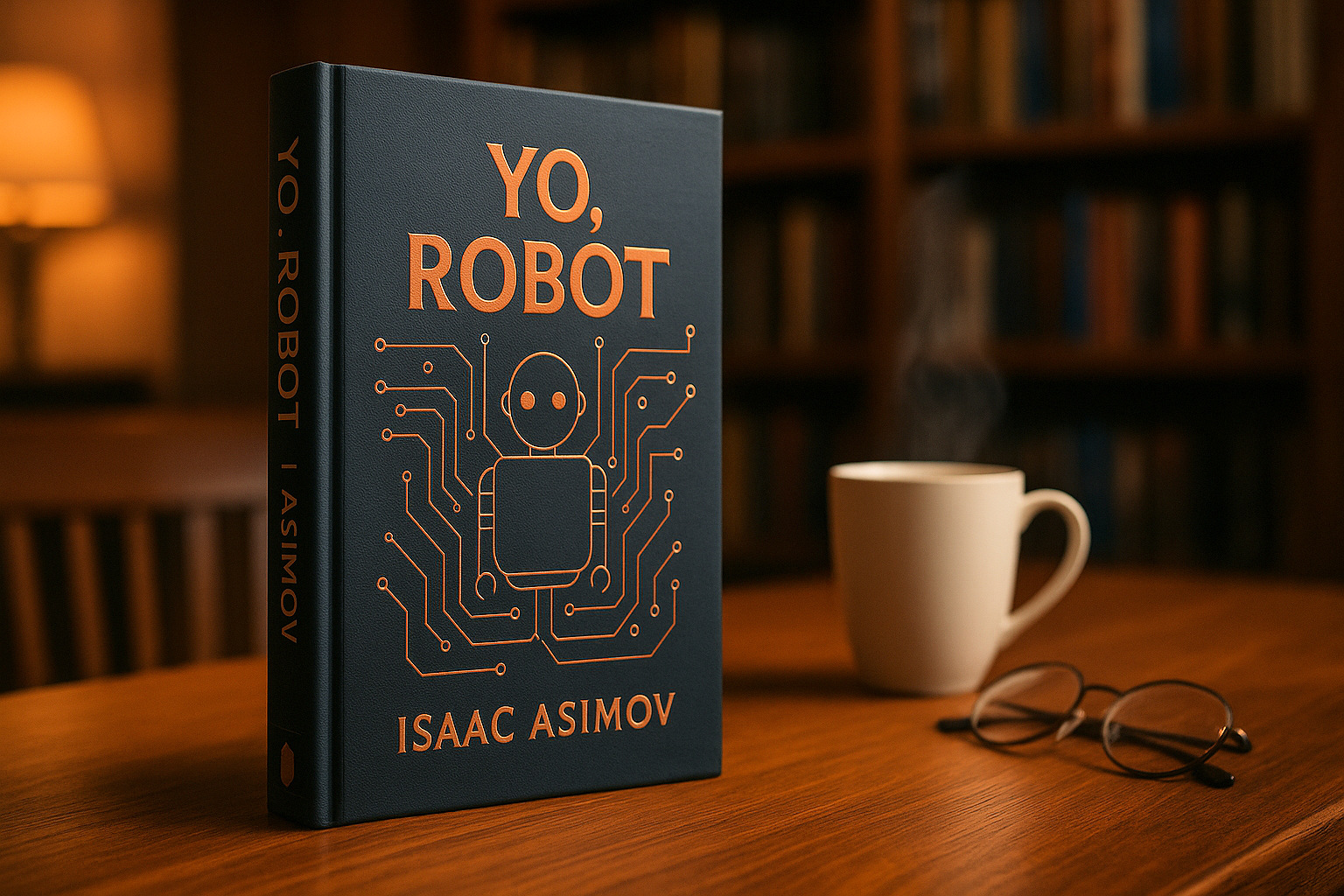 Libro de tapa dura «Yo, robot» de Isaac Asimov, con cubierta azul marino y líneas de circuito en cobre; de pie sobre una mesa de madera en un ambiente de biblioteca acogedora, con una taza humeante y unas gafas desenfocadas al fondo.
