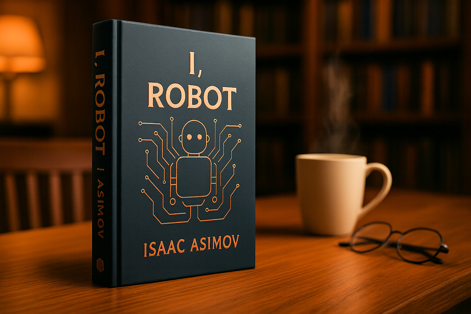 Hardcover book ‘I, Robot’ by Isaac Asimov, with a navy-blue cover and copper circuit lines; standing on a wooden table in a cosy library setting, with a steaming cup and blurred spectacles in the background.