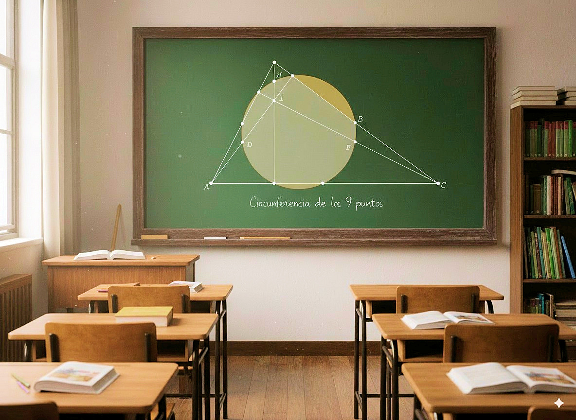 Triangle with its incircle in gold, the nine-point circle in violet, and the point of tangency H (Feuerbach point). The incenter I and the points of contact on the sides are marked.