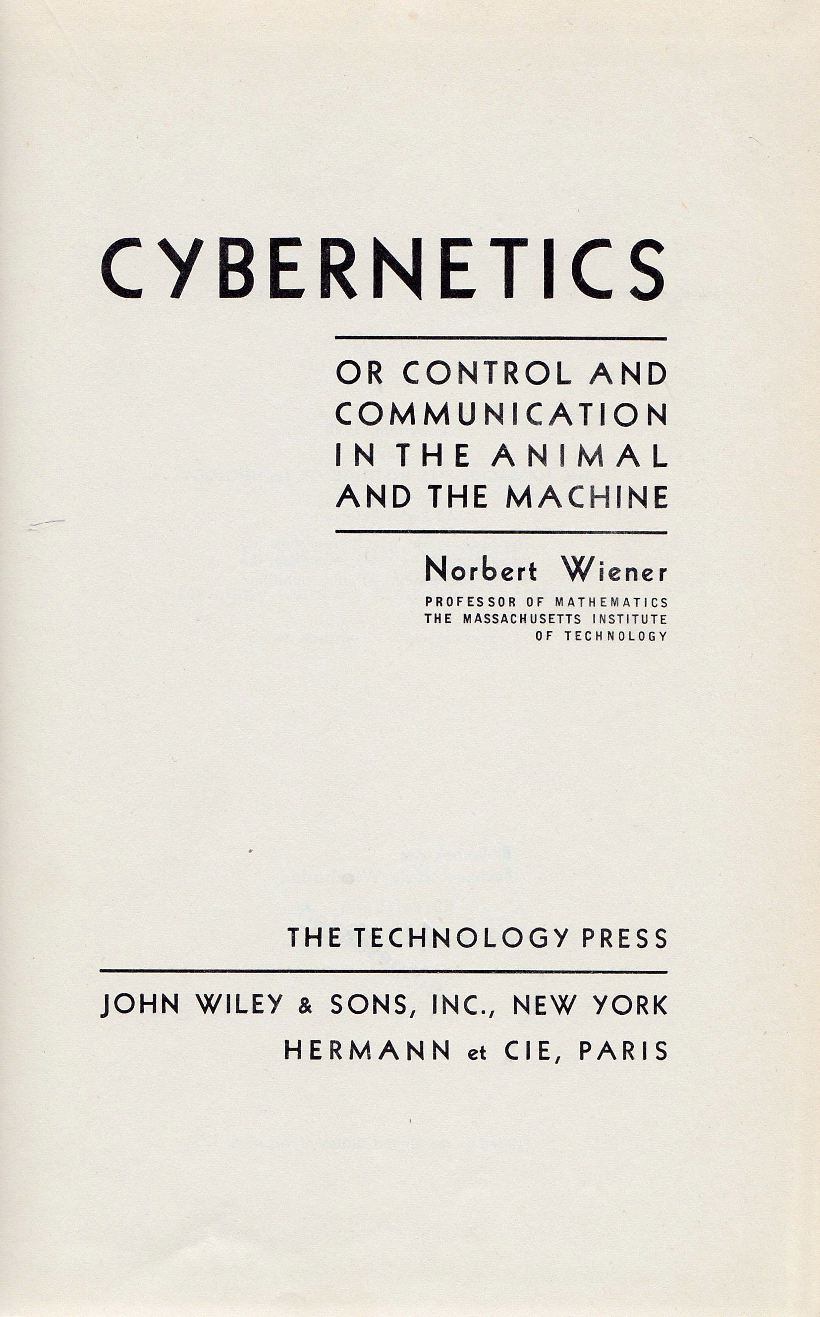 Title page of Cybernetics (Norbert Wiener, 1948); photographic reproduction by Gerd Küveler; public domain.