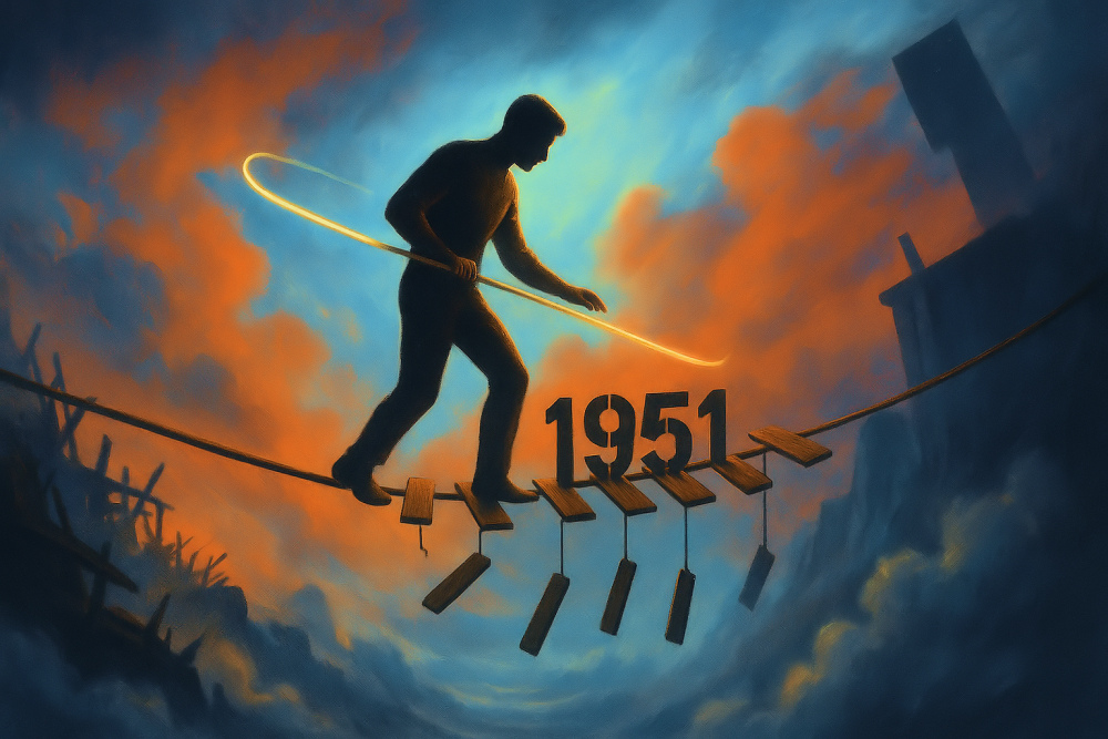 Equilibrista sobre una cuerda deshilachada entre bloques opuestos, metáfora de la tensión geopolítica en 1951 durante la Guerra Fría