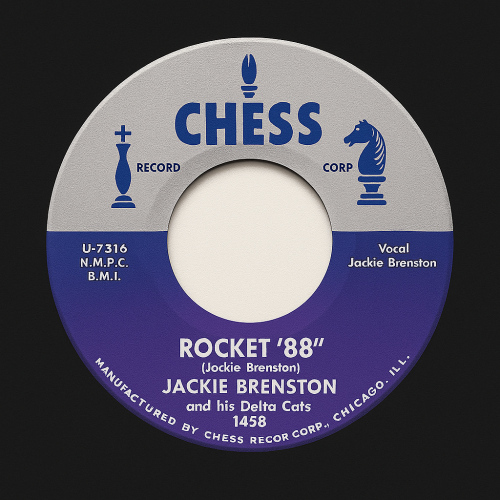 Etiqueta de vinilo de 45 rpm de Chess Records para el sencillo ‘Rocket 88’ de Jackie Brenston and his Delta Cats, sobre fondo homogéneo