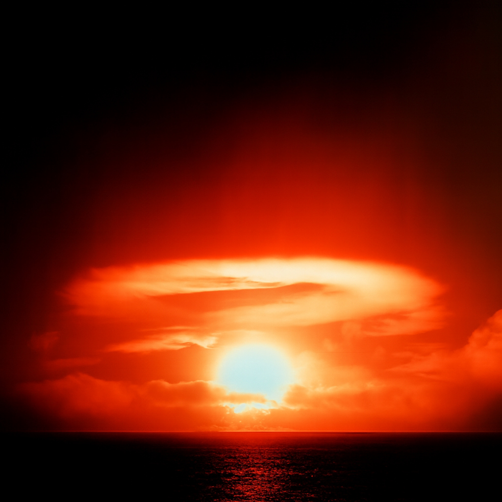 Tightrope walker over a frayed rope between opposing blocks, a metaphor of the geopolitical tension in 1951 during the Cold War
