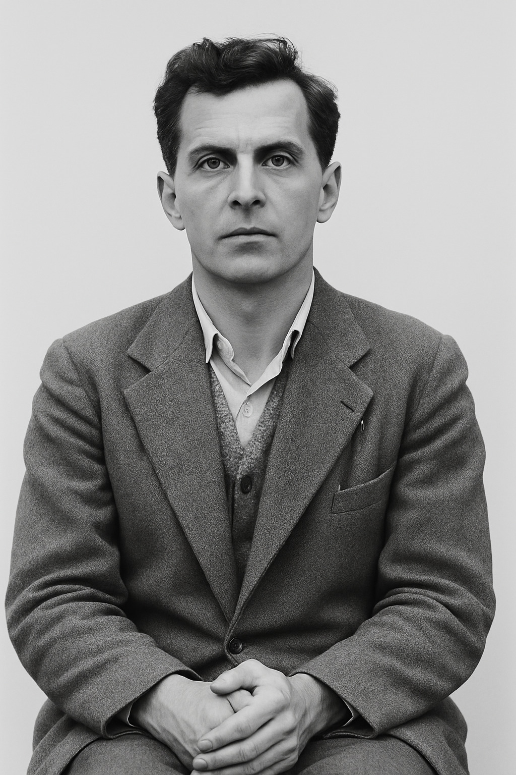 Retrato de Ludwig Wittgenstein en el acto de concesión de la beca de Trinity College, circa 1928-1929. Adaptación libre a partir de una fotografía de Moritz Nähr, con fines ilustrativos.