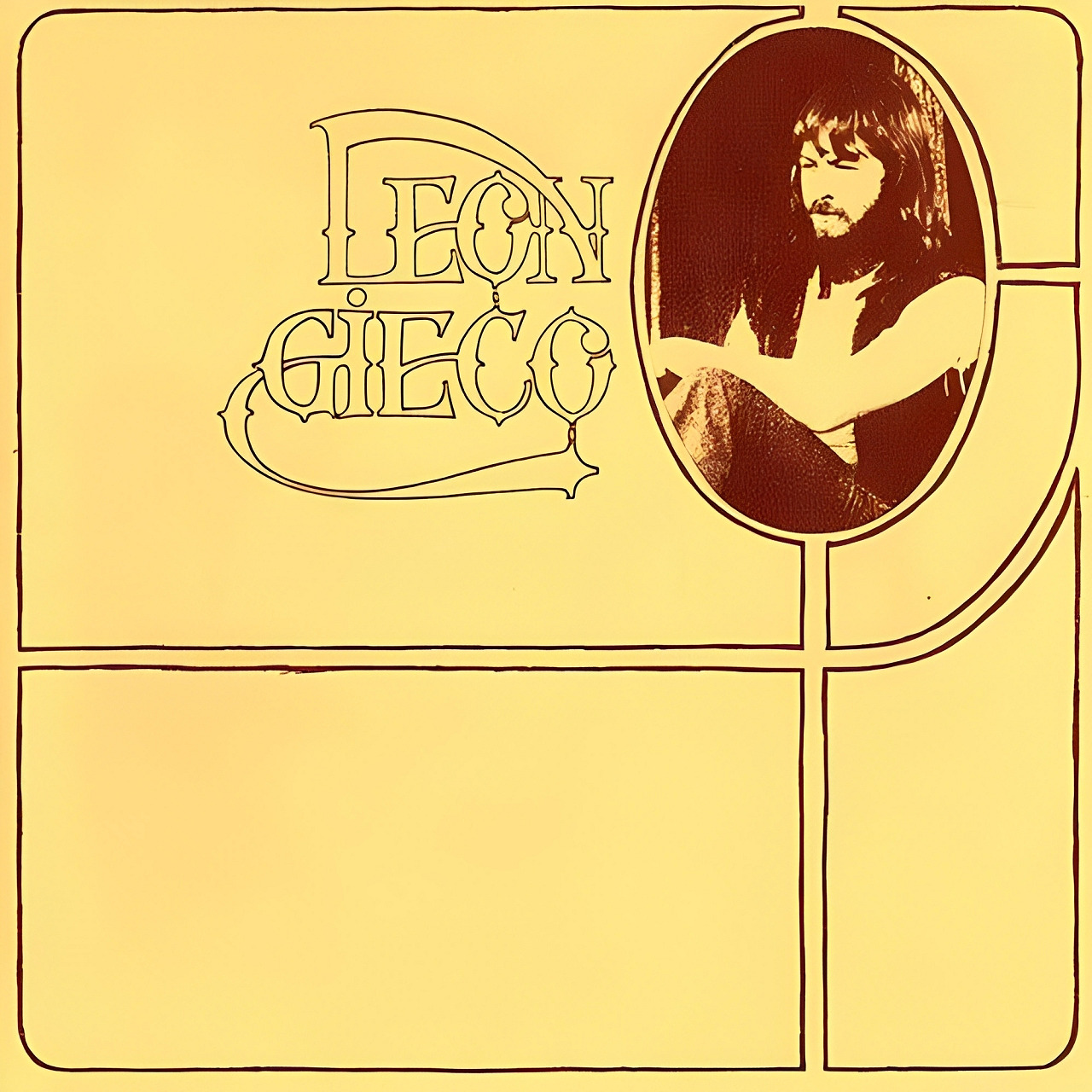 Portada del primer álbum homónimo de León Gieco, 1973. Fondo amarillo con marco geométrico y un retrato en óvalo del músico, barba y pelo largo.