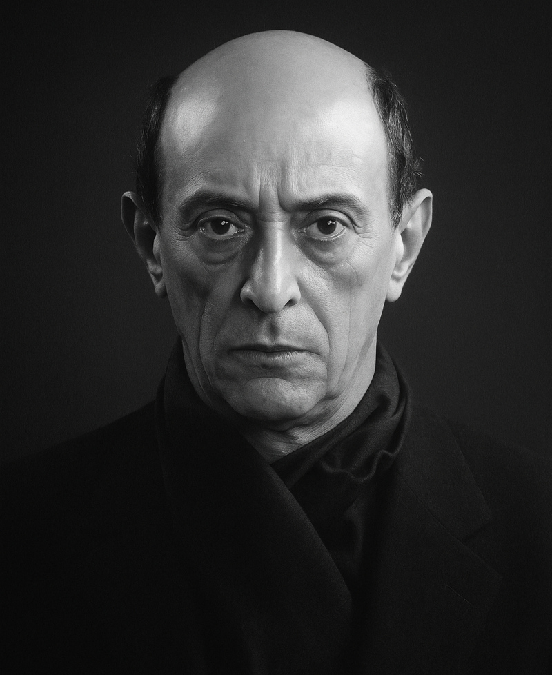 Recreación digital en formato vertical del retrato de Arnold Schönberg (1927) de Man Ray