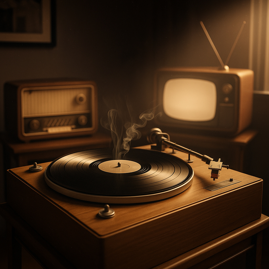 Escena surreal y atmosférica con tocadiscos de los años cincuenta, radios de válvulas y una televisión de época