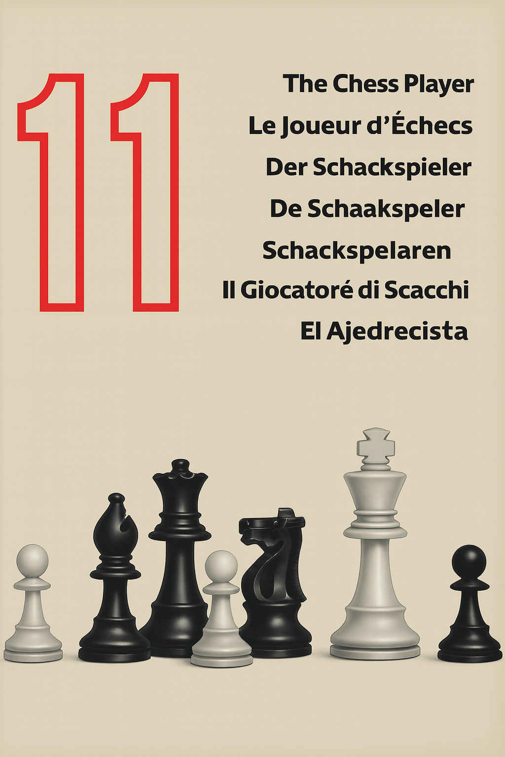 Portada del volumen The Chess Player 11, con el número en rojo, los títulos en varios idiomas y piezas de ajedrez en la base.