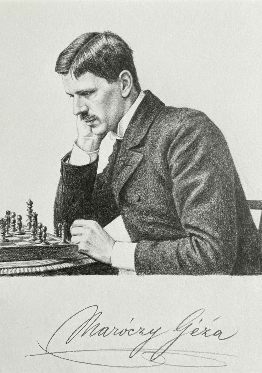 Retrato a lápiz de Géza Maróczy, recreado a partir de una fotografía histórica.