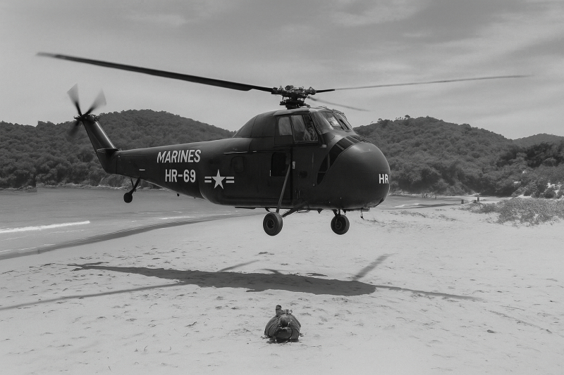 Digital reconstruction of a Sikorsky HRS-1 helicopter from the U.S. Marine Corps hovering over a Korean beach during September 1952 exercises