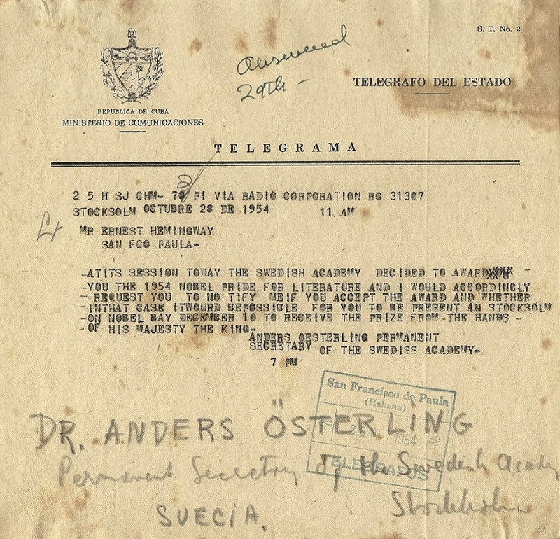 Official telegram sent by the Swedish Academy to Ernest Hemingway, announcing the awarding of the 1954 Nobel Prize in Literature