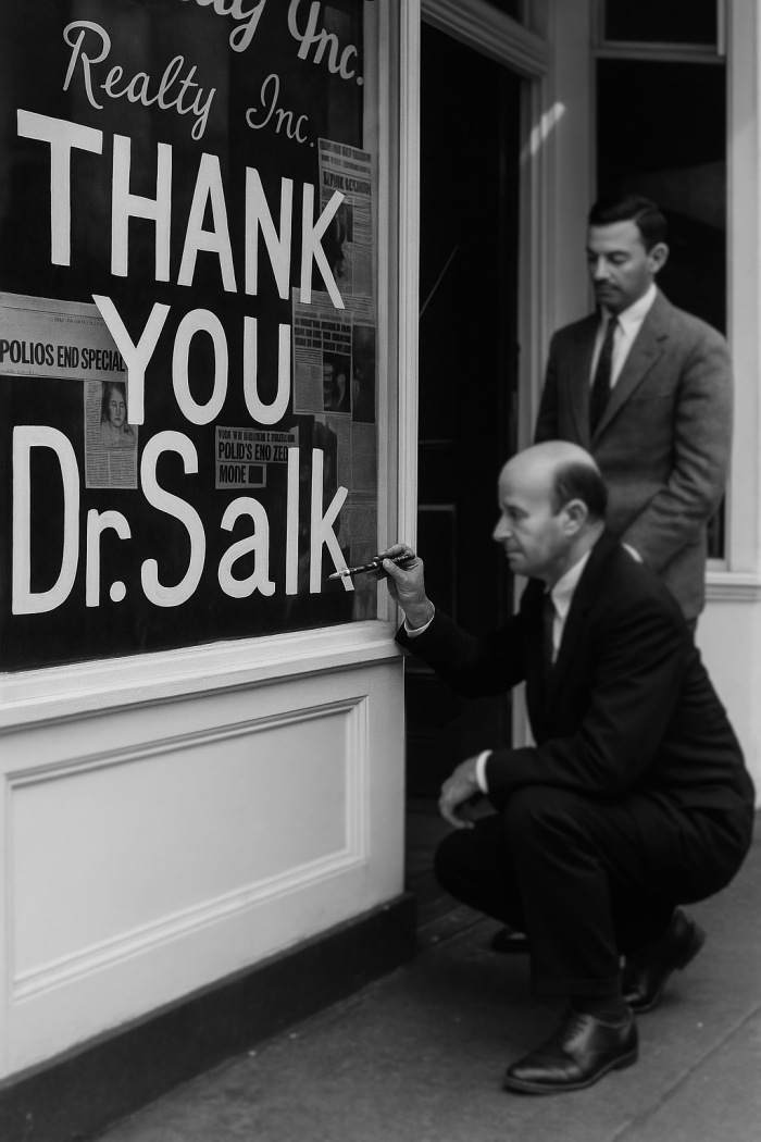 A shop window with the handwritten message 'Thank You Dr. Salk', painted after the announcement of the polio vaccine in 1955.