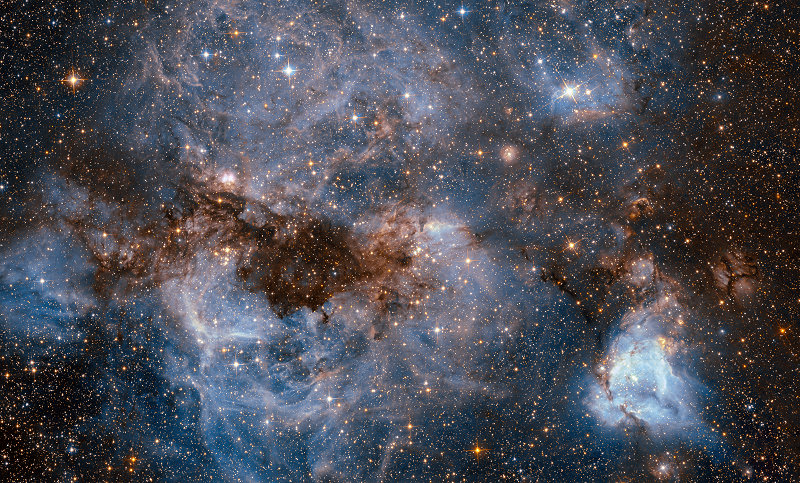 Nebula N159 in the Large Magellanic Cloud, captured by the Hubble Space Telescope. Glowing gas, dark dust and a cluster of young stars shape this image from NASA and ESA.