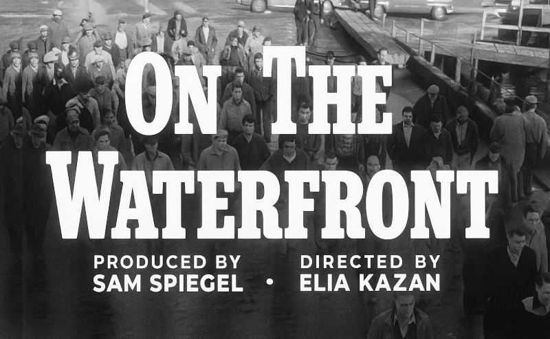 Fotograma en blanco y negro de estibadores caminando por el muelle, con el título «On The Waterfront» sobreimpreso y los créditos de producción (Sam Spiegel) y dirección (Elia Kazan).