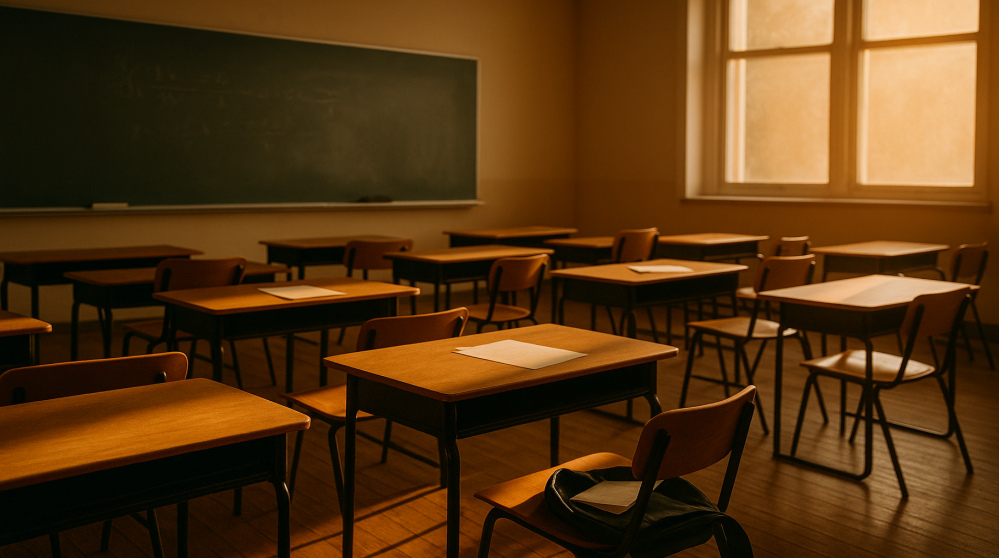 Aula vacía iluminada por la luz del atardecer