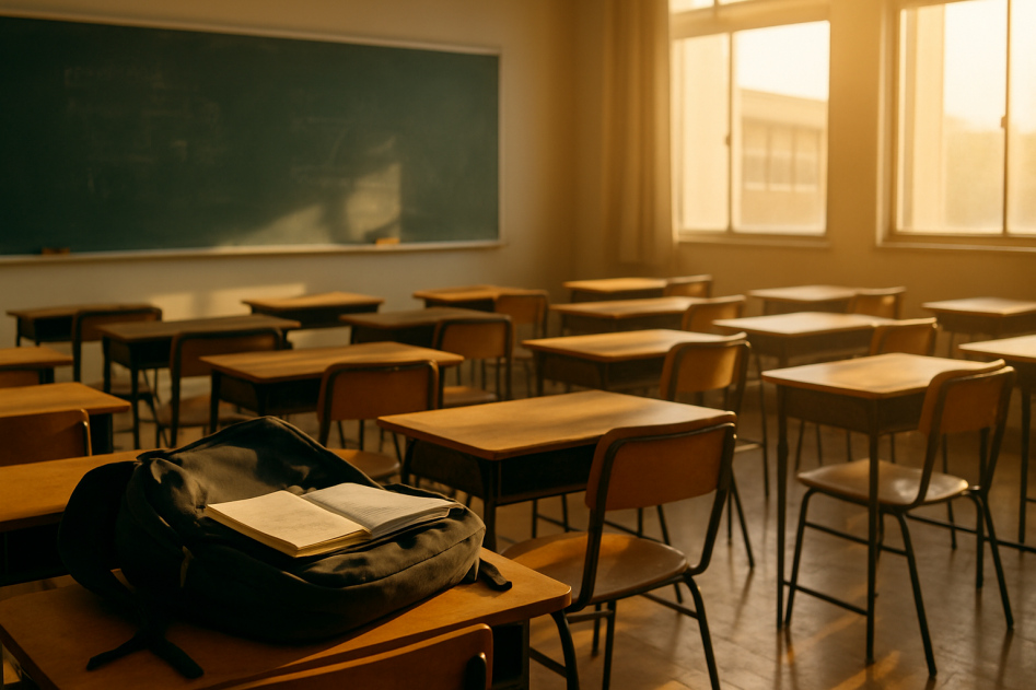 Empty classroom bathed in the golden light of sunset