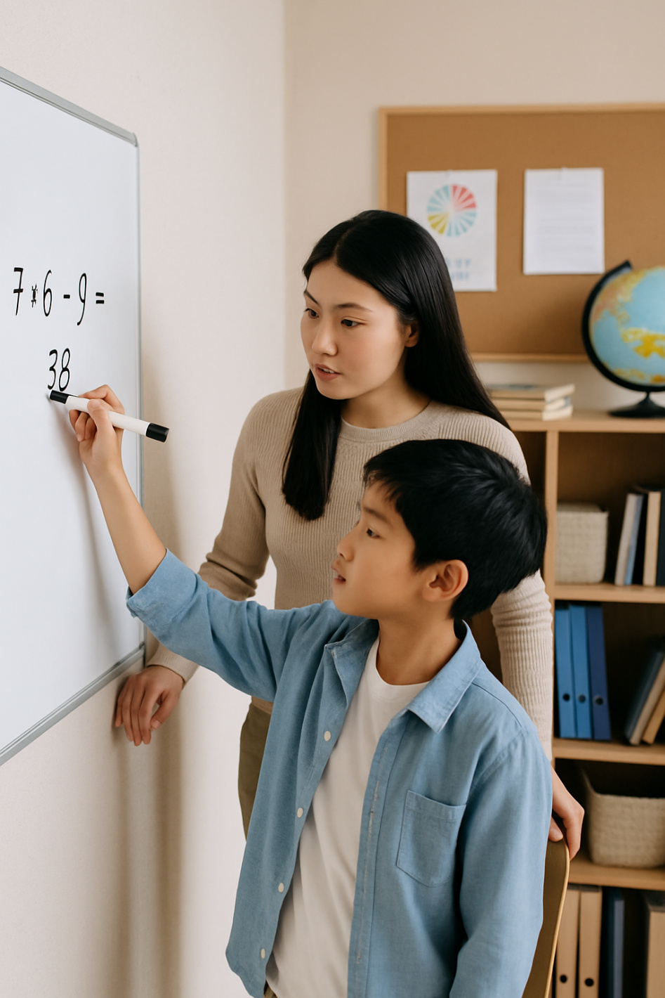 Teacher guiding a student as they solve an exercise together on the blackboard.