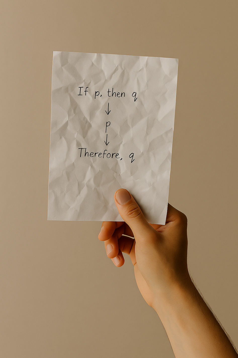 Crumpled paper sheet with handwritten logical scheme: If p, then q.