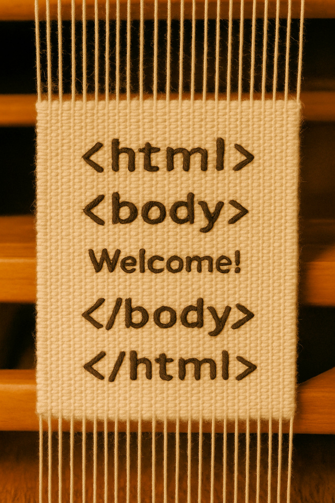 A traditional loom weaving the <html> and <body> tags with the initials JGC.